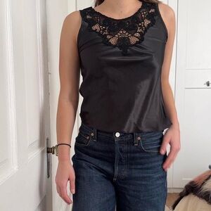 Vintage Silky Black Tank Top with Lace Detailing